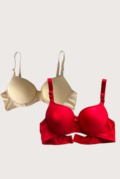 Shopidik  Ten-Kırmızı 2'li Mikro Kumaş Push Up Dolgulu Balenli Günlük Destekli Sütyen - 4