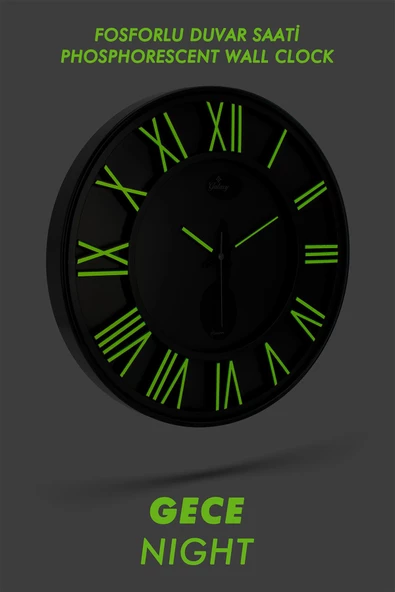 SİYAH ZEMİNLİ FOSFORLU ROMA RAKAMLI DUVAR SAATİ 41.5 CM - 5
