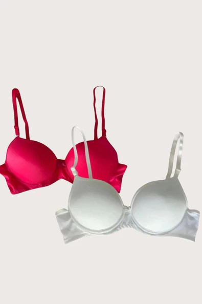 Shopidik  Kırmızı-Beyaz 2'li Mikro Kumaş Push Up Dolgulu Balenli Günlük Destekli Sütyen - 3