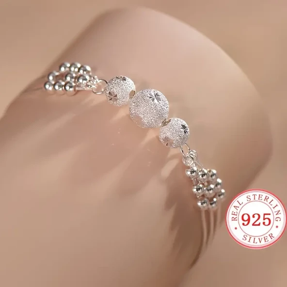 925 Gümüş Boncuklu Çok Katmanlı Mat Bileklik - 3