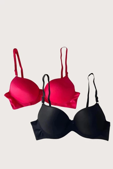 Shopidik  Siyah-Kırmızı 2'li Mikro Kumaş Push Up Dolgulu Balenli Günlük Destekli Sütyen - 3