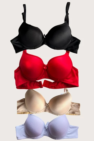 Shopidik  Siyah-Beyaz-Kırmızı-Ten 4'lü Dolgulu Push Up Micro Balenli Günlük Tek Destekli Sütyen - 3