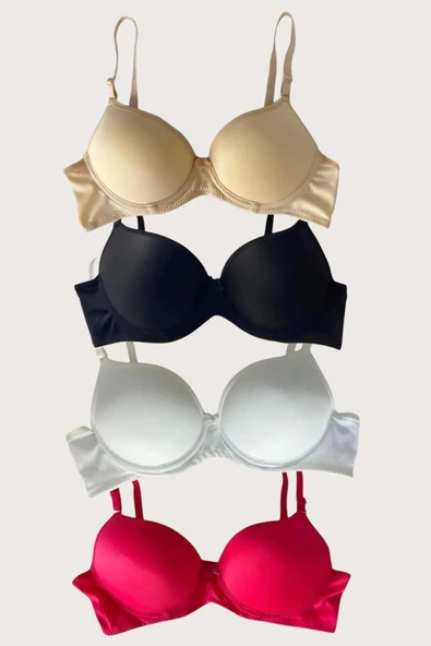 Shopidik  Siyah-Beyaz-Kırmızı-Ten 4'lü Dolgulu Push Up Micro Balenli Günlük Tek Destekli Sütyen - 4