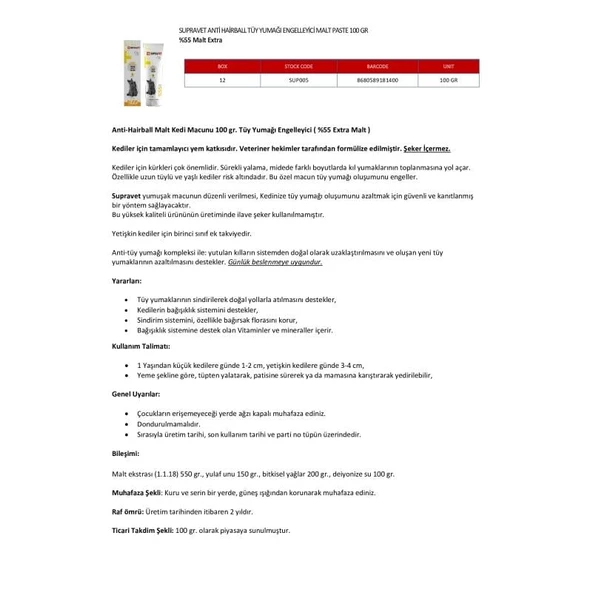 Supravet Anti Hairball Kediler için Malt Macun 100 G - 3