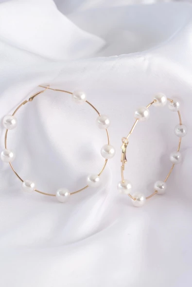 MuI MuI Pirinç Gold Renk İnci Taşlı Halka Küpe - 2