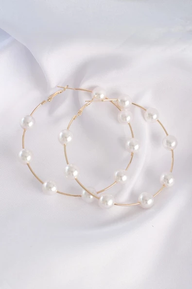 MuI MuI Pirinç Gold Renk İnci Taşlı Halka Küpe - 3