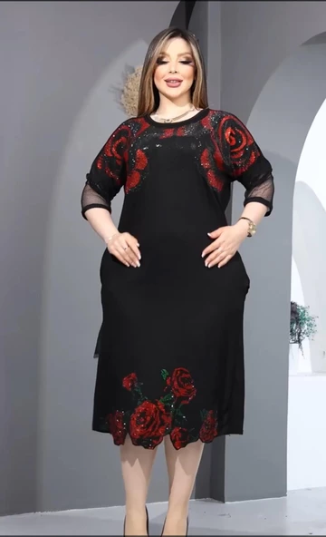 Kırmızı Güllü Crystal Taşlı Elbise - SİYAH - 2