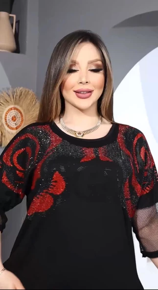 Kırmızı Güllü Crystal Taşlı Elbise - SİYAH - 3