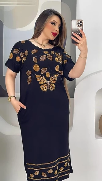 Kelebek Detaylı Crystal Taşlı Elbise - SİYAH - 3