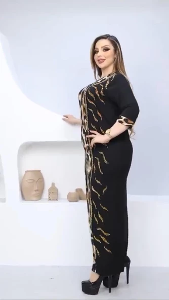V Yaka Leopar Crystal Taşlı Elbise - SİYAH - 3