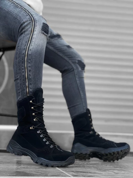 Bağcıklı Siyah Süet Askeri Postal Bot