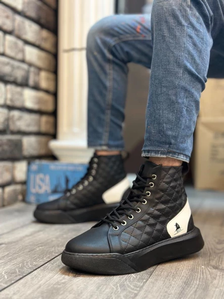 BA0159 Bağcıklı Erkek Yüksek Taban Siyah Beyaz Spor Bot - 2