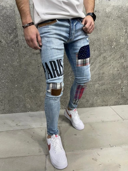 Premium Paris Patched Slim Fit Erkek Kot Pantolon Mavi - 2