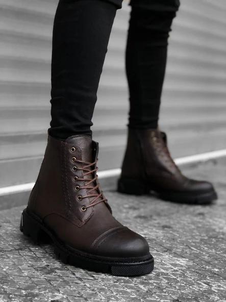 BA0187 İçi Dışı Hakiki Deri Kahverengi Erkek Fermuarlı Yarım Bot - Resim 2