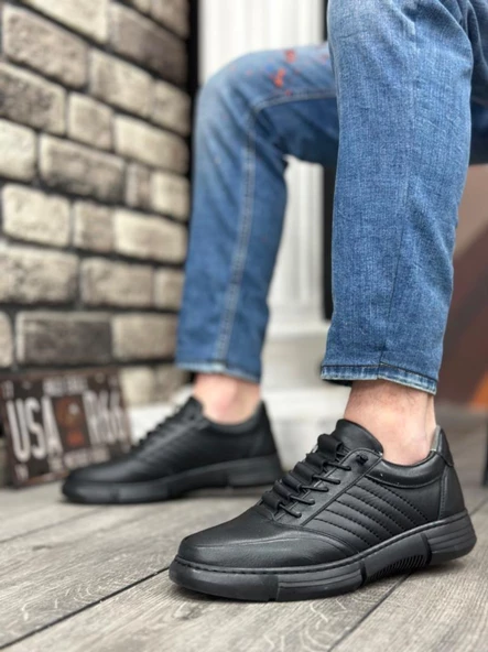 BA03246 İçi Dışı Hakiki Deri Gizli Bağcık Rahat Taban Siyah Casual Erkek Ayakkabı - 2