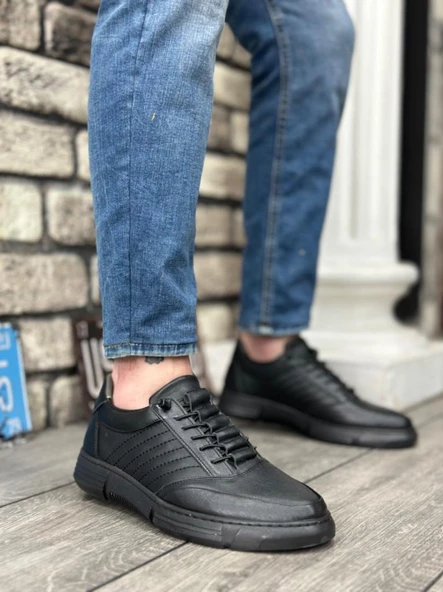BA03246 İçi Dışı Hakiki Deri Gizli Bağcık Rahat Taban Siyah Casual Erkek Ayakkabı - 1