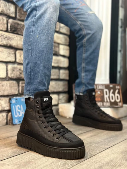 BA0811  Yüksek Siyah Taban Siyah Paraşüt Kumaş Cilt Detaylı Yarım Bilek Spor Bot ürün görseli