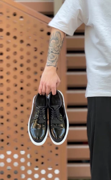 BA0003 Bağcıklı Klasik  Siyah Rugan Yüksek Taban Casual Erkek Ayakkabı - Resim 5