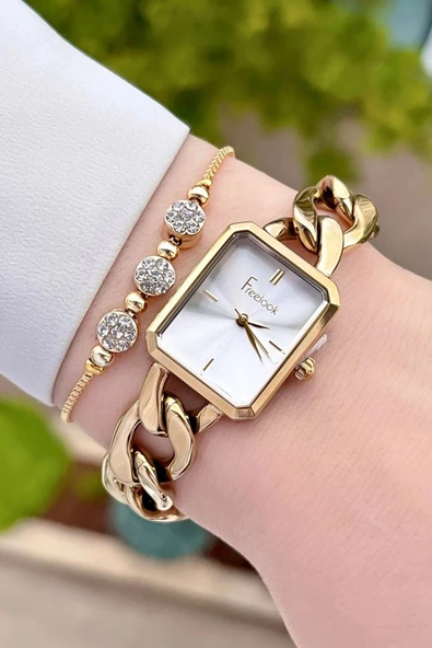 Freelook FLISTE40 Kadranı Gümüş Kordonu Gold Renk Zincirli Hediye Paketli 5 ATM Kadın Kol Saati ve Bileklik - Resim 2