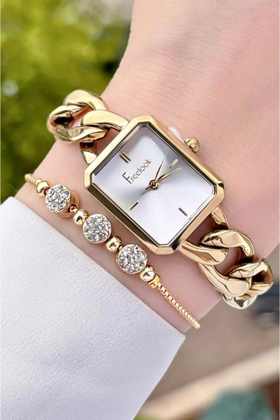 Freelook FLISTE40 Kadranı Gümüş Kordonu Gold Renk Zincirli Hediye Paketli 5 ATM Kadın Kol Saati ve Bileklik - Resim 4