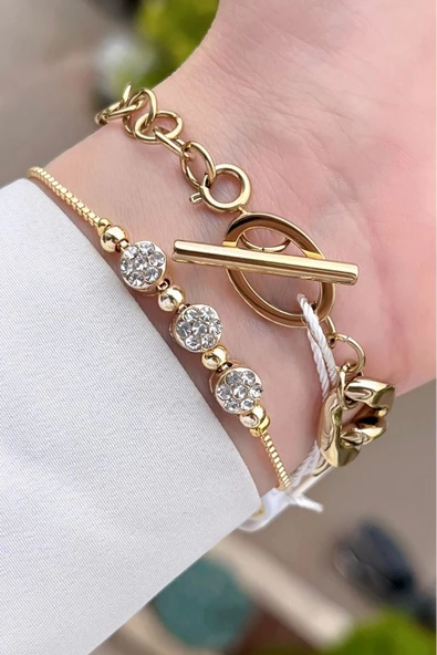 Freelook FLISTE40 Kadranı Gümüş Kordonu Gold Renk Zincirli Hediye Paketli 5 ATM Kadın Kol Saati ve Bileklik - Resim 5