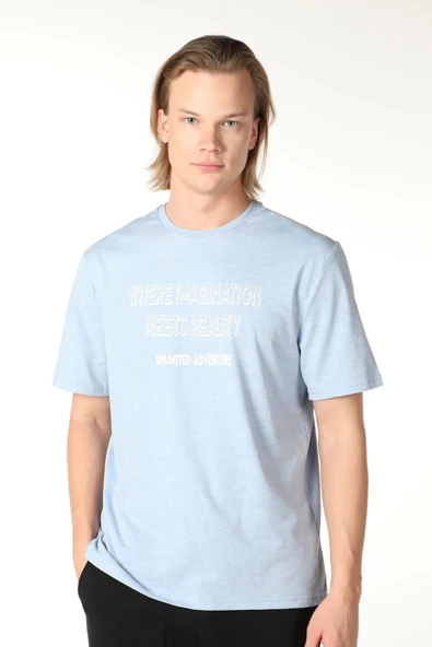 Erkek Baskılı Kısa Kollu Bisiklet Yaka Tişört Mavi - 3