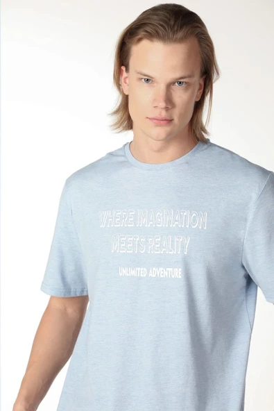 Erkek Baskılı Kısa Kollu Bisiklet Yaka Tişört Mavi - 4