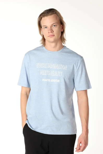 Erkek Baskılı Kısa Kollu Bisiklet Yaka Tişört Mavi - 5