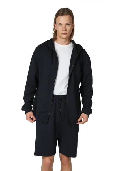 Erkek Kapüşonlu Fermuarlı Oversıze Sweatshırt Koyu Gri - 6