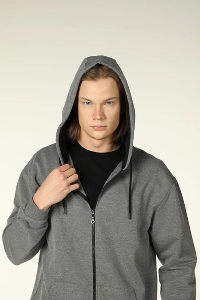 Erkek Kapüşonlu Fermuarlı Oversıze Sweatshırt Koyu Gri - 5