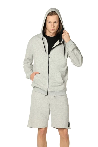 Erkek Kapüşonlu Fermuarlı Oversıze Sweatshırt Koyu Gri - 7