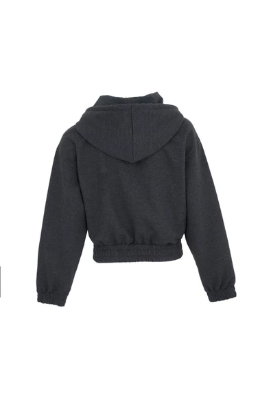 Kadın Baskılı Kapüşonlu Crop Sweat Antrasit - 4