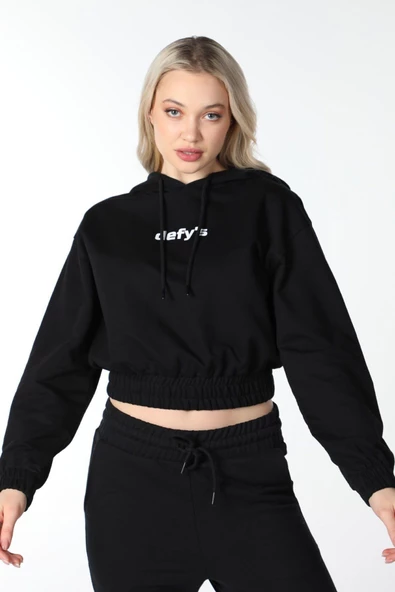 Kadın Baskılı Kapüşonlu Crop Sweat Siyah - 4