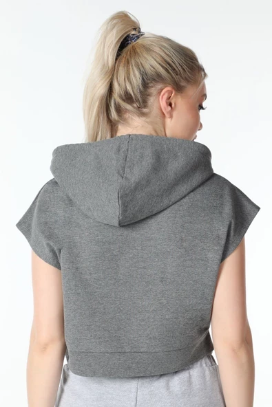 Kadın Baskılı Kapüşonlu Crop Sweat K.gri - 5