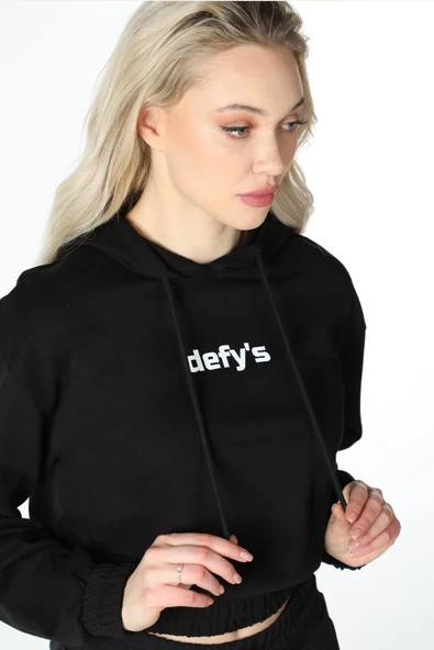 Kadın Baskılı Kapüşonlu Crop Sweat Siyah - 3