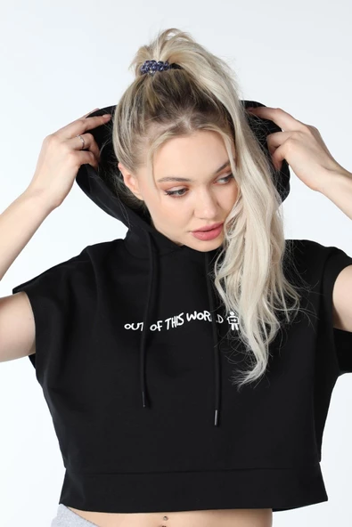 Kadın Baskılı Kapüşonlu Crop Sweat K.gri - 10