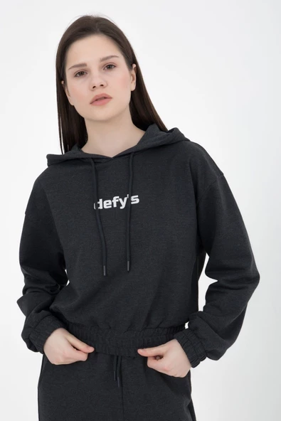 Kadın Baskılı Kapüşonlu Crop Sweat Antrasit - 3