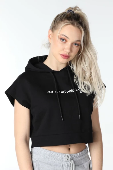 Kadın Baskılı Kapüşonlu Crop Sweat K.gri - 8