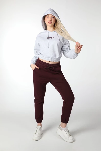 Kadın Baskılı Kapüşonlu Crop Sweat Siyah - 9