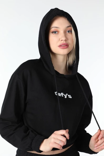 Kadın Baskılı Kapüşonlu Crop Sweat Siyah - 5