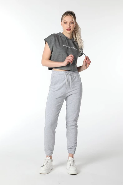 Kadın Baskılı Kapüşonlu Crop Sweat K.gri - 3