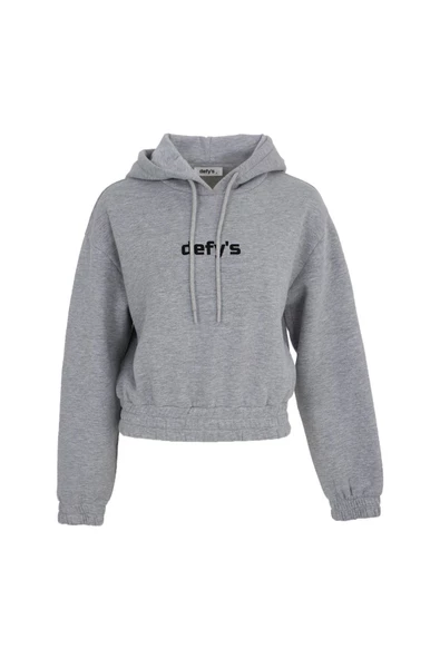 Kadın Baskılı Kapüşonlu Crop Sweat Gri - 2