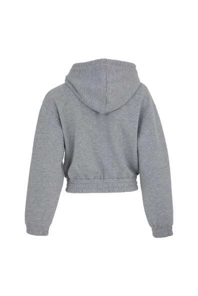 Kadın Baskılı Kapüşonlu Crop Sweat Gri - 5