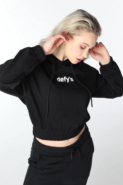 Kadın Baskılı Kapüşonlu Crop Sweat Siyah - 2