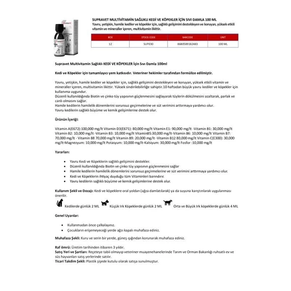 Supravet Multivitamin Sağlıklı Kedi ve Köpekler İçin Sıvı Damla 100ml - 2