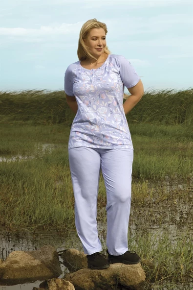 Doreanse 4273 Kadın Mor Çiçek Baskılı Kısa Kol Pijama Takımı - 2
