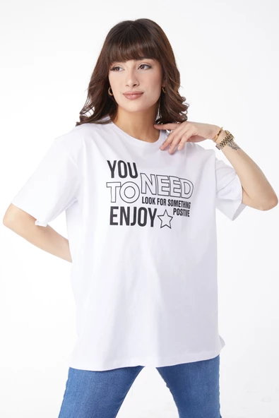 Düz Bisiklet Yaka Kadın Beyaz Baskılı T-shirt - 25175