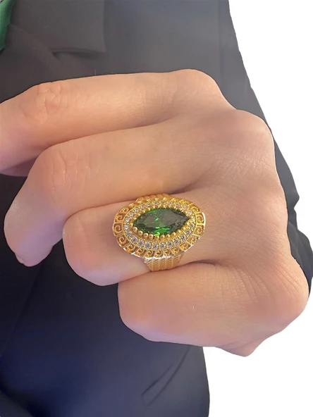 Zümrüt Taşlı Maraş İşçiliği Mekik 8 Ayar Altın Yüzük - Resim 2