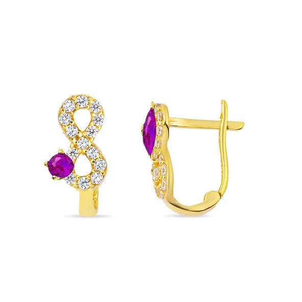 Mor Taşlı Sonsuzluk Altın Çocuk Küpesi ürün görseli 1