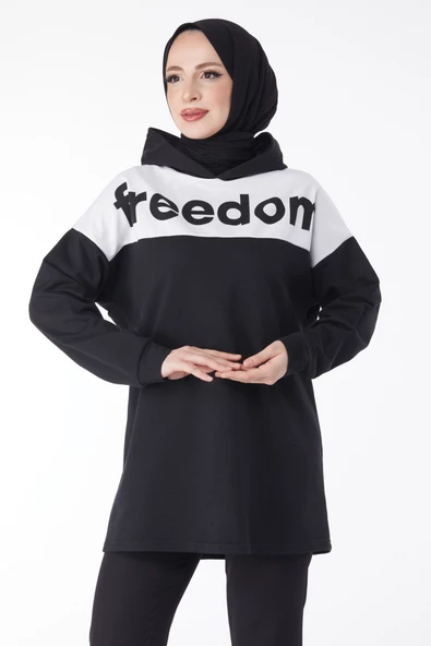 Düz Kapşonlu Yaka Kadın Siyah Baskılı Kapşonlu Sweatshirt - 13134